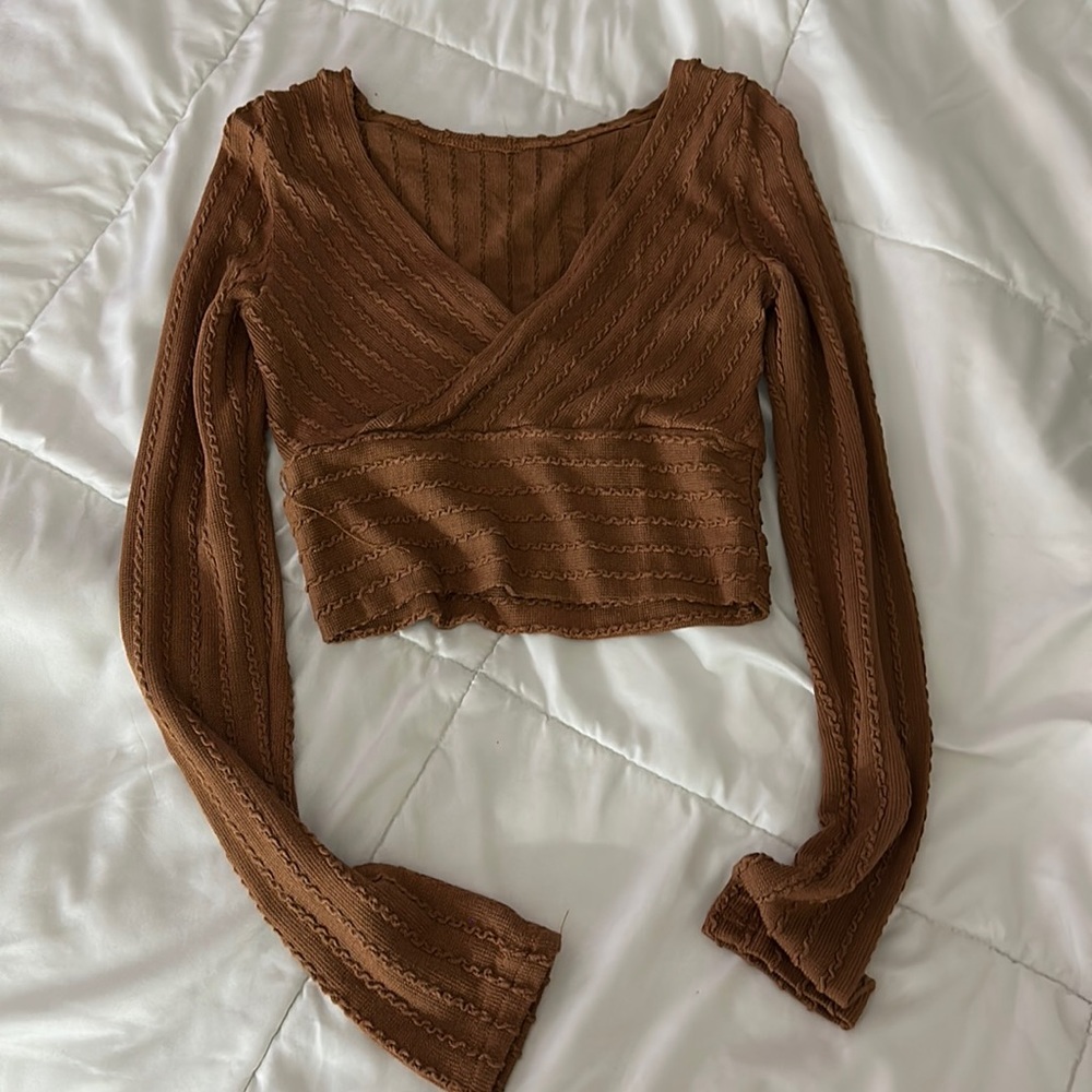 cropped brown long-sleeve top